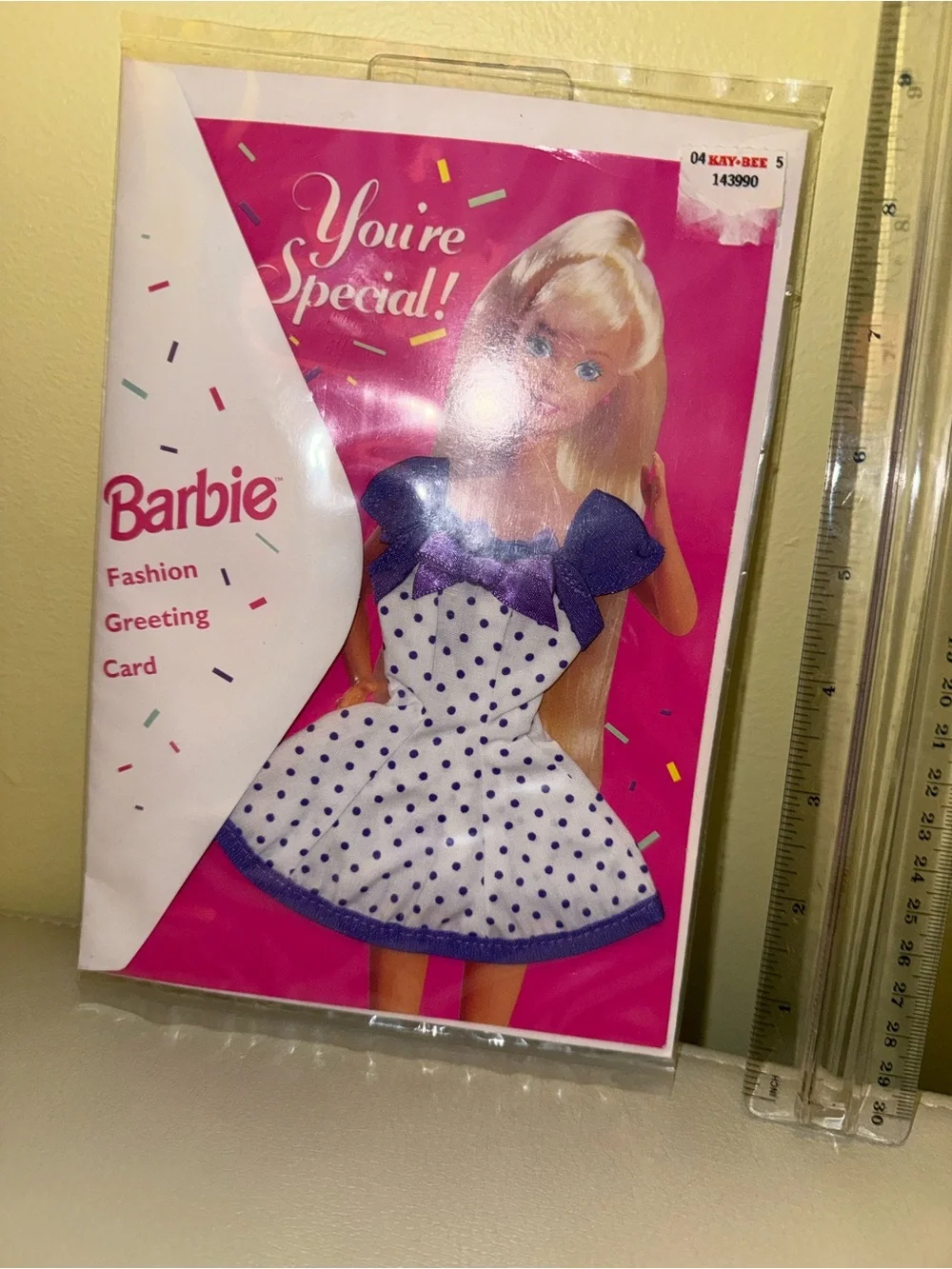 Barbie Pink Card with White Polka Dot Dress and Purple Trim